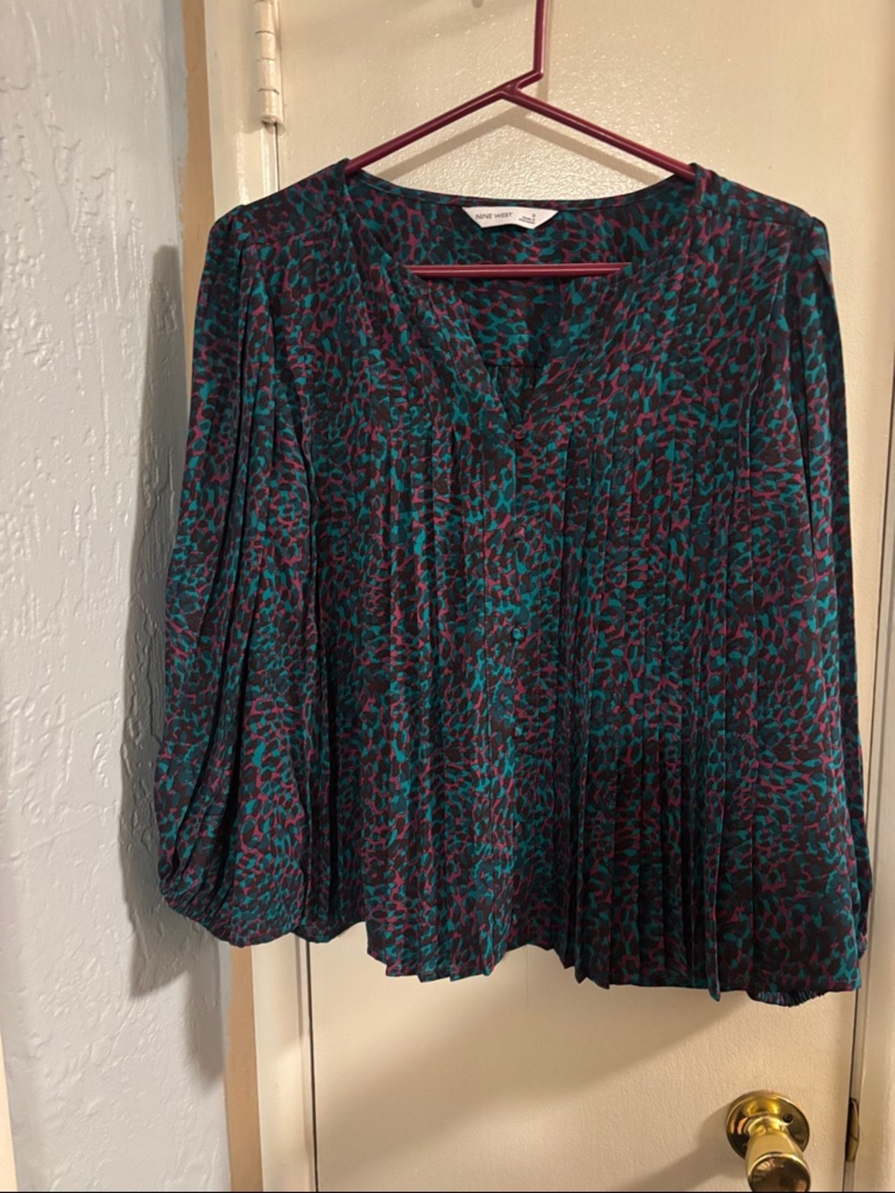 Nine West Teal & Burgundy Printed Pleated V-Neck Blouse